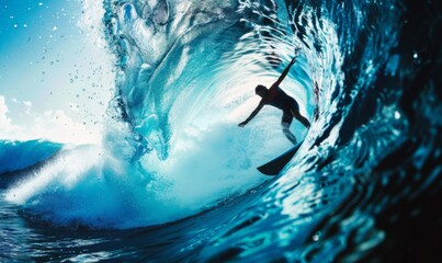 Surfers come out of the blue ocean wave tube