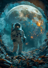 Astronaut standing at the entrance of a rugged cave, looking out into a mesmerizing galaxy and planet. International Day of Human Space Flight - obrazy, fototapety, plakaty