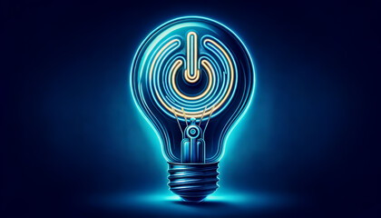 Illuminated Power Icon in Bulb for global Earth Hour on blue background. Energy conservation, environmental awareness, climate change - obrazy, fototapety, plakaty