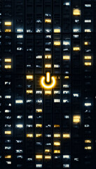 Neon Power Symbol on Urban High-rise Building. Earth Hour, Ecology Concept. Global Awakening