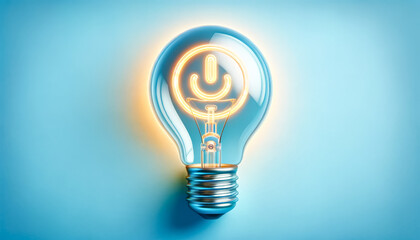 Illuminated Power Icon in Bulb for global Earth Hour on light blue background. Energy conservation, environmental awareness, climate change - obrazy, fototapety, plakaty