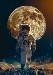 Astronaut Standing on Rocky Outcrop with Luminous Cosmic Background. International Day of Human Space Flight - obrazy, fototapety, plakaty