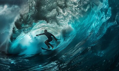 Surfers come out of the blue ocean wave tube - Powered by Adobe