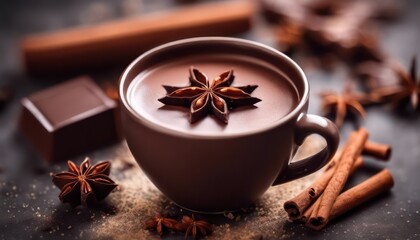 Obraz na płótnie Canvas Aromatic spiced hot chocolate with cinnamon and star anise