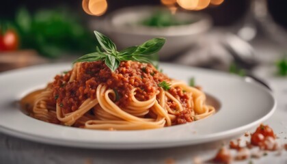 Classic spaghetti bolognese on white plate