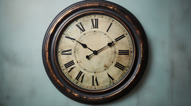 Antique Bronze Wall Clock Displaying Time Against Distressed Blue Wall