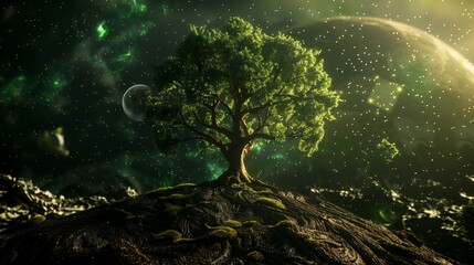 Fantasy landscape with green trees and a moon. 3D rendering.
