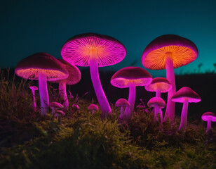 fields of magical mushrooms glowing neon