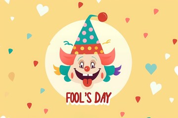 April Fool's Day flat vector illustration with a happy clown face, jester hat . Vector flat design illustration of a funny smiling character with a jester hat and tongue sticking out