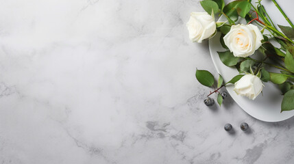 Elegant Wedding Celebration with White Roses on Stylish Concrete Table – Perfect Marriage Atmosphere