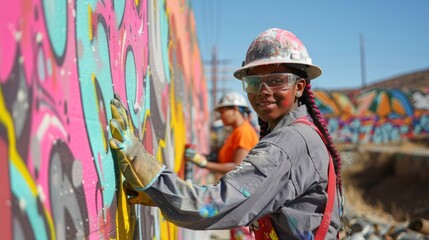 A smiling young graffiti artist with safety gear painting a vibrant mural on an urban wall.