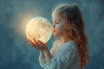 Naklejka premium A young girl in a white dress holds a glowing full moon in her hands against a dusky blue sky.