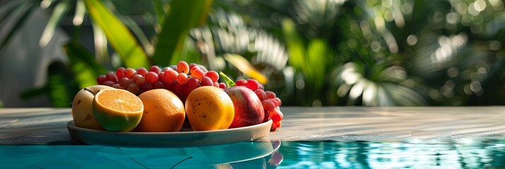 Plate with tropical fruits on edge of an outdoor swimming pool, palms on background , copy space...