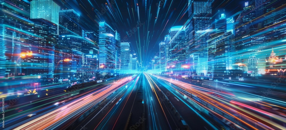 Poster a dynamic cityscape with light trails representing cars moving at high speed on a highway generative