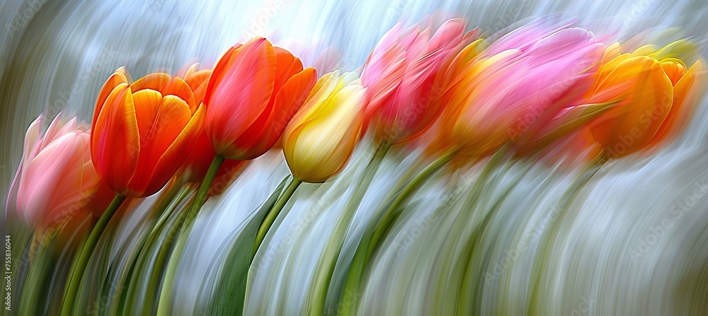 Poster vibrant spring blooms creating ethereal abstract patterns in a colorful plantation setting