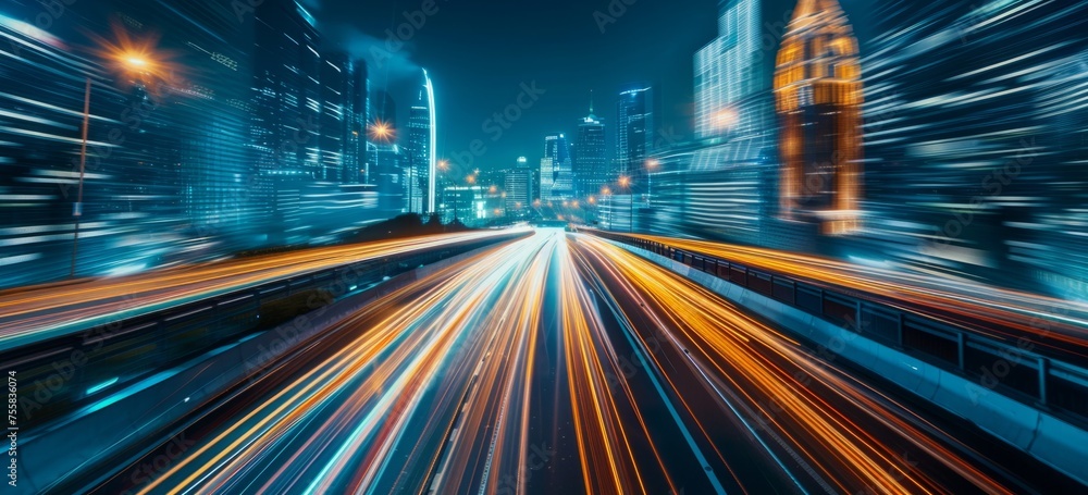 Poster a high-speed highway with a city skyline in the background generative ai