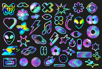 Iridescent holo stickers pack. Fluorescent retro 90s style symbols, Y2K icons and holographic gradient decals vector set
