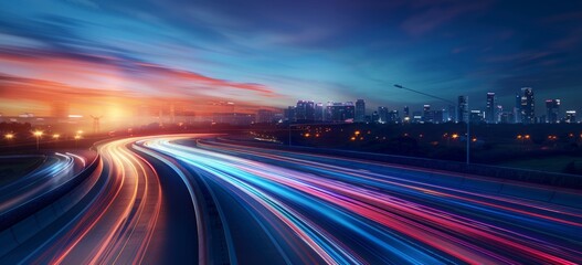 Sleek highway with city skyline in the background illuminated in the style of dynamic light trails and motion blur Generative AI