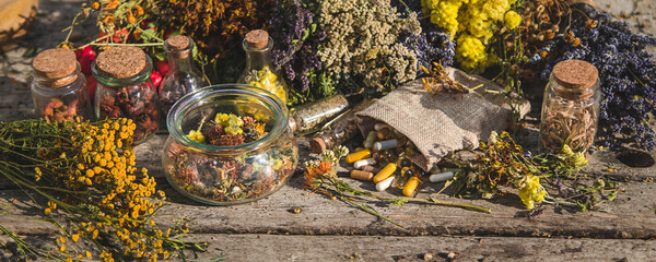 medicinal herbs and supplements. Selective focus.