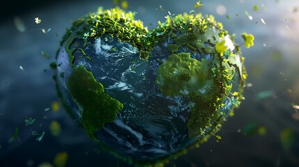 Planet earth in the shape of a heart on the background of mountains. 3D rendering