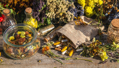 medicinal herbs and supplements. Selective focus.