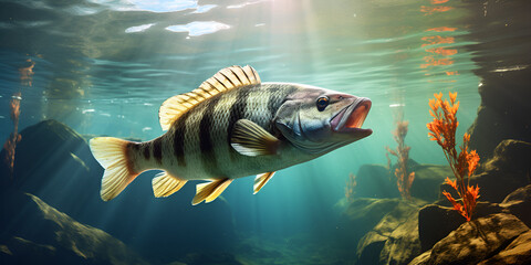 European Perch fish hunting, Natural fish wild fish under water, big freshwater perch in water on green background, Generative AI - obrazy, fototapety, plakaty