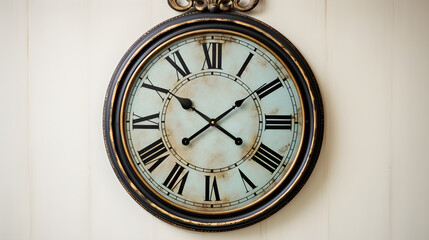 Fototapeta na wymiar Antique Bronze Wall Clock Displaying Time Against Distressed Blue Wall