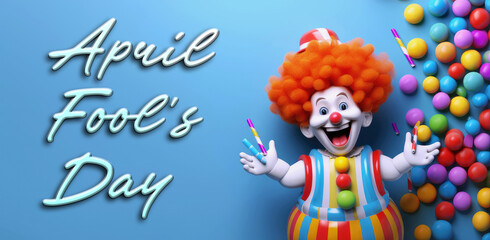 April Fools Day greeting card with clown and candies on blue background