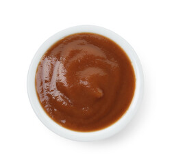 Bowl of healthy baby food isolated on white, top view
