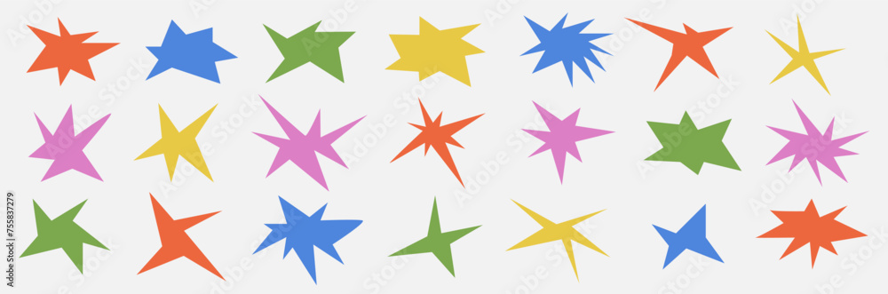 Poster set of abstract playful shape. retro spiked circle stickers. bursting explosion star. vector for sal