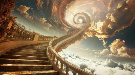 Behangcirkel This surreal scene shows an endless staircase spiraling upwards, seamlessly blending into a majestic sunset amidst the clouds, evoking a dreamlike journey to the skies. © Beyonder