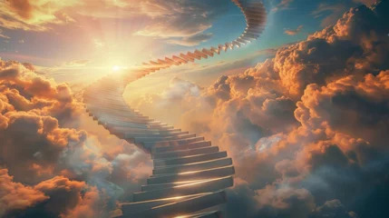 Foto op Canvas This surreal scene shows an endless staircase spiraling upwards, seamlessly blending into a majestic sunset amidst the clouds, evoking a dreamlike journey to the skies. © Beyonder