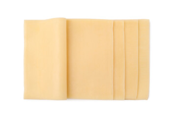 Slices of tasty fresh cheese isolated on white, top view