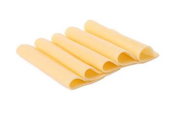 Slices of tasty fresh cheese isolated on white