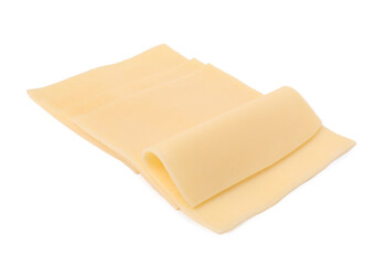 Slices of tasty fresh cheese isolated on white