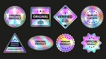 Secure holographic stickers. Original quality iridescent labels, verified product badges and official seals with holo foil gradient vector set - obrazy, fototapety, plakaty