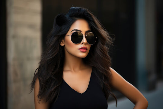 Stylish woman with flowing hair and sunglasses, embodying urban chic in a sleek black outfit.
