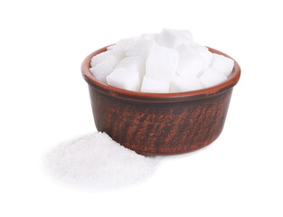 Different types of sugar and bowl isolated on white
