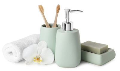 Obraz na płótnie Canvas Bath accessories. Set of different personal care products and flower isolated on white