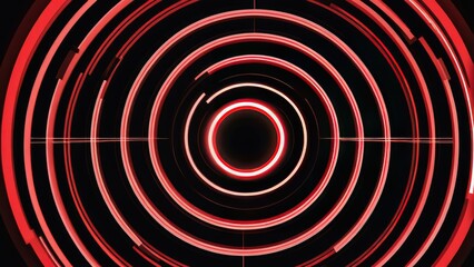 Red glowing concentric circles dominate the center of a digital art piece, embodying a minimalist and futuristic technology theme, abstract lines pulsate outward on a dark backdrop