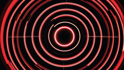 Fototapeta premium Red glowing concentric circles dominate the center of a digital art piece, embodying a minimalist and futuristic technology theme, abstract lines pulsate outward on a dark backdrop