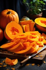 Slices of raw pumpkin on cutting board, food closeup.