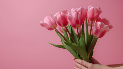 Female hand holds spring bouquet of tulips, generative ai