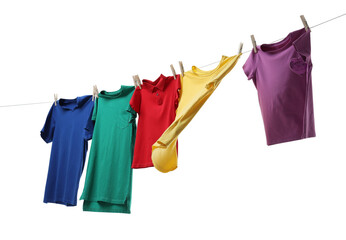 Colorful t-shirts drying on washing line isolated on white