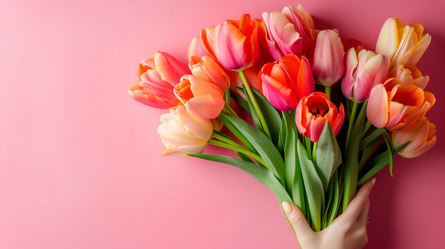 Female hand holds spring bouquet of tulips, generative ai