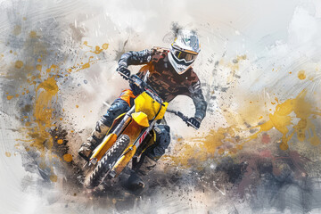A motocross athlete in action, yellow splash watercolor