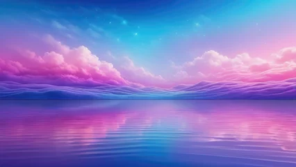 Foto op Canvas Shiny, reflective surface contrasting with a dreamy blend of blue, pink, and purple hues in the background, adding texture and depth to the ethereal scene, digital painting, glossy finish © ramses