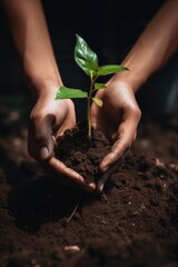 Close up of woman hands holding green seedling in soil. Earth day concept.