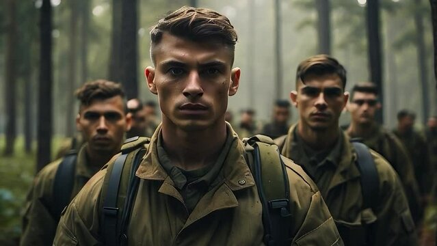 Group of young men in military uniforms in the forest. Army detachment is based in the forest. Memorial Day. Independence Day in America. July 4