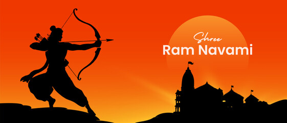 Shree Ram Navami, vector Illustration, the silhouette of Lord Ram bow arrow and Ayodhya Ram temple background, Social media post, Poster, and, Banner design template. 
 - obrazy, fototapety, plakaty